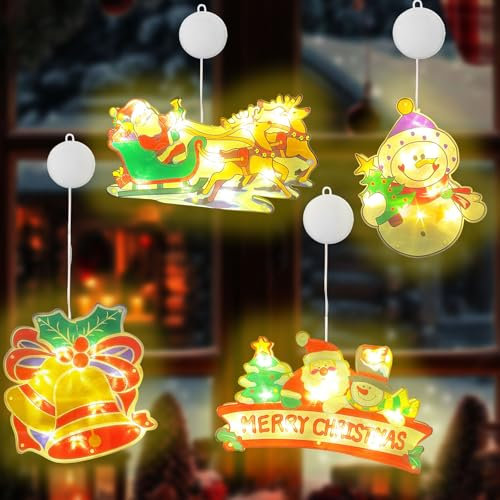 YumSur Christmas Window Lights, 4 Pack Hanging Jingle Bells, Snowman, Sleigh, Merry Christmas, Warm White LED Curtain Hanging Lamp for Indoor Holiday Party