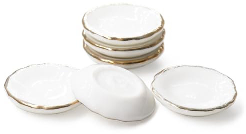 Odoria Casa de Muñecas Plato Miniatura: 1/12 Escala Plato de Postre con Borde Dorado para Cocina Restaurante Comedor - Mini Accesorios Vajilla Vintage de Porcelana 6 Piezas