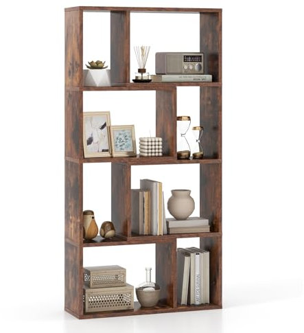 COSTWAY 8-Cube Geometric Bookshelf, 120cm Wooden Bookcase Storage Rack with Anti-Toppling Device, Freestanding Modern Display Shelving Unit Room Divider for Study Bedroom Living Room (Brown)