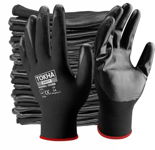 48 Pairs Nitrile Coated Gloves Red Black Nylon Safety Work Glove Use for Workshop Construction Builders Gardening Grip (Black-Black, Medium [8])