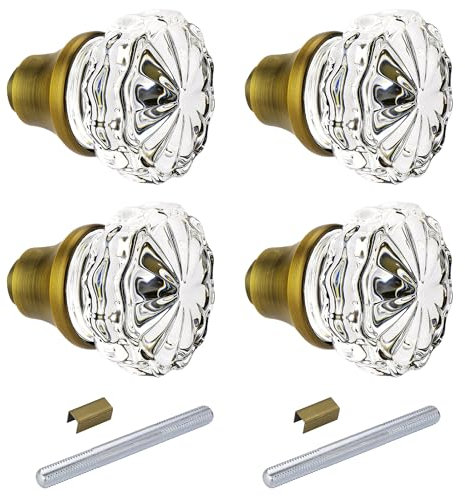 Toptoo 2 Sets Glass Door Knobs - Old Style, Vintage Crystal, Antique Brass Finish