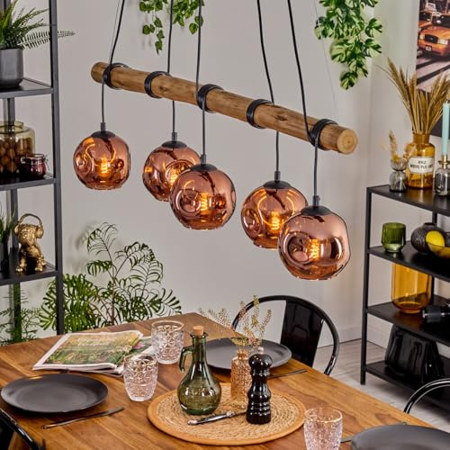 HOFSTEIN Pendelleuchte Ripoll, 5-flammige Hängelampe aus Metall/Holz/Glas in Schwarz/Natur/Kupfer, Hängeleuchte Retro/Boho mit Glasschirmen u. Holzbalken, 150 cm, E27, Esszimmer, Wohnzimmer, Küche