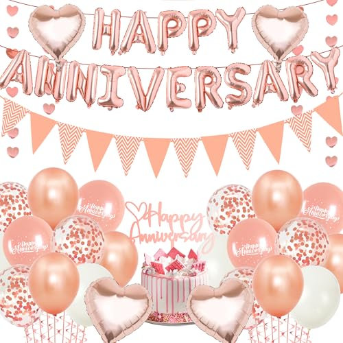 Happy Anniversary Banner With Rose Gold Party Decorations - Balloon Garland and Pennant Cake Topper for Wedding Ceremony Party Supplies
