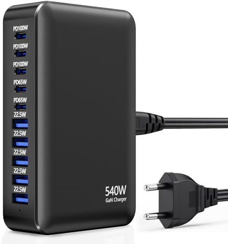 Carica USB C Multiplo 540W, Multi-Port USB Fast Charger, 10 Porte caricabatteria multiplo ricarica rapida GaN PD100W PPS alimentatore di rete per laptop/MacBook/iPhone/Samsung/Pixel