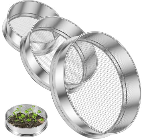 MENIBBLER 3 Pcs Stainless Steel Garden Sieve, Stackable Soil Sifter Set, Reusable Garden Soil Sifters, Portable Compost Sifter for Gardening