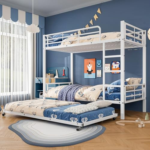 Huayz etallbett Hochebett für 3 Kinder 90x200cm & 90x190cm, dreier Etagenbett mit Ausziehbett, Rausfallschutz Kinderbett mit Leiter, Eisenbett