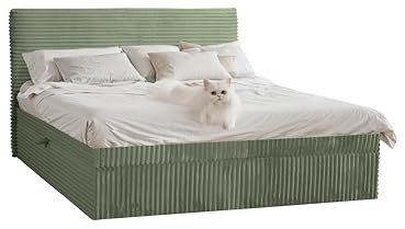 Kaiser Möbel - Bett 200x200 cm, Boxspringbett mit Bettkasten und Topper, Cord Schlafzimmerbett, Doppelbett mit Stauraum und Gepolstertes Kopfteil, Toppermatratze aus Viscoschaum - Trento - Olive