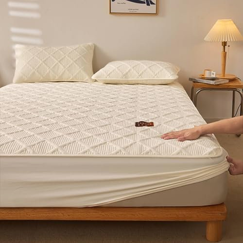 Mesnt Spannbetttücher 200x220, Gitter Bettwäsche Spannbetttuch mit einem Paar Kopfkissenbezügen aus Baumwolle Weich und Knitterfrei, Bequem, Cremiges Beige