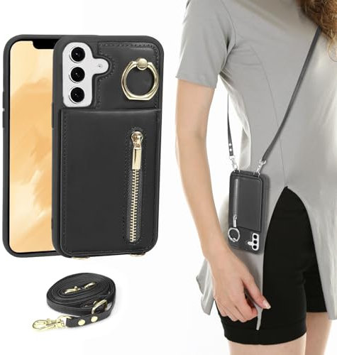 Jcxtrombulous Hülle für Galaxy S25 Hülle Stoßfeste Handyhülle mit Verstellbarer Halskette RFID Reißverschluss Geldbörse Etui mit Kartenfach mit Band Ring Ständer Case für Frauen-Schwarz