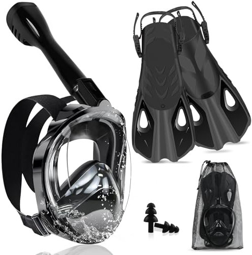 Joellfuner Máscara Snorkel Adulto, 180°Vista Máscara de Snorkel con Anti-Vaho, con Soporte de Cámara, Aletas Ajustables (Negro, S/M)