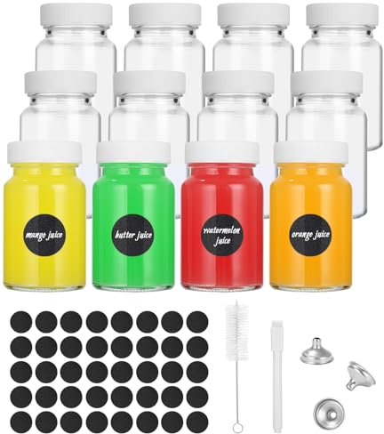 Hixava 12 Pièces 60ML Petites Bouteilles Petite Bouteille en Verre Vide Bouteilles Miniatures Bouteilles de Jus en Plastique avec Entonnoir Étiquettes Bouchon Brosse pour Jus Ginger Shot