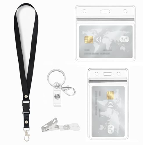 Ausweishalter mit Lanyard, Schlüsselanhänger, Clips, durchsichtige Kartenhalter, für Ausweishalter im Büro, in der Schule, für Ausweise, Kreditkarten, Ausweisclips, Passhalter (1 Set)