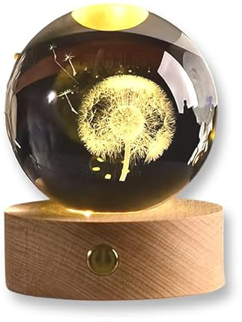 TENET 3D-Kristallkugel mit Holzsockel, LED-Nachtlampe, dekorative Stimmungsbeleuchtung (Blumen-Sofion)