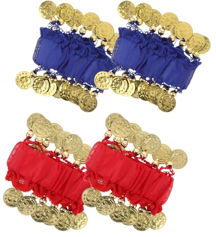 Beaupretty 2 Paare Bauchtanz Glockenarmbänder mit Glitzerschnur Rot Royalblau Verstellbare Handgelenkbänder für Indische Tanzkostüme Klingende Armbänder für Damen und Mädchen
