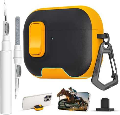 for AirPods Pro 3 Case with Lock,TPU Leather Texture Durability Anti-Lost & Shockproof Protective Cover Accessories with Cleaning Kit in Keychain for Apple iPod Pro 3rd Generation 2025(Yellow/Black)