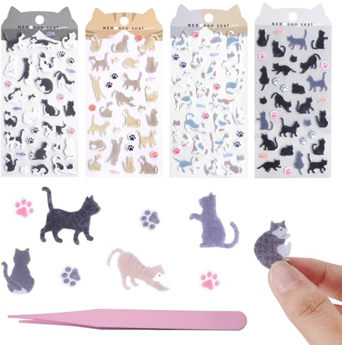 TMZELOA 4 Bögen Flauschige Filzsticker mit Katzen, Selbstklebende Stereo Deko Aufkleber aus Filz für Basteln, Scrapbooking und Geschenk Dekoration