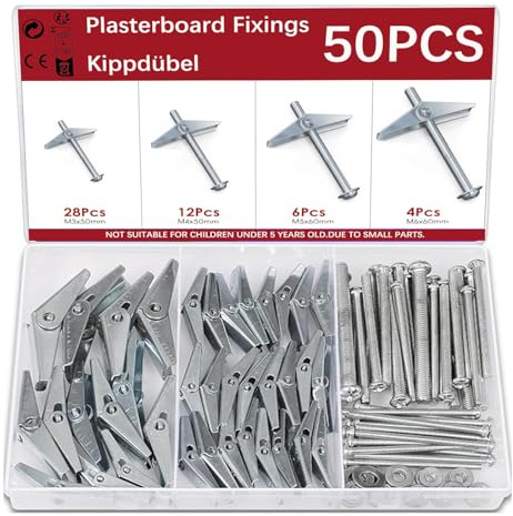 150 Stück (50 Sätze) Kippdübel, 4 Größen Federklappdübel, M3/M4/M5/M6 Klappdübel, Hohlraumdübel Metall Set, Verzinktem Kohlenstoffstahl Spreizdübel zum Aufhängen Schwerer Gegenstände