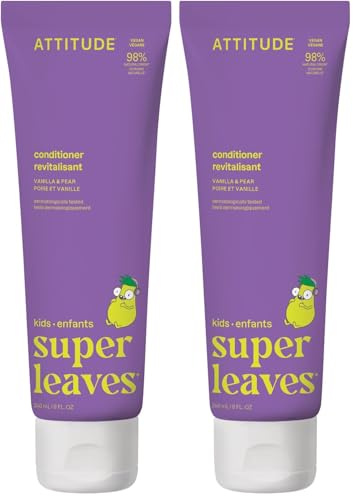 ATTITUDE Hair Conditioner for Kids, Dermatologically Tested Products, Plant- and Mineral-Based Detangler, Vegan, Vanilla & Pear, 240 mL (Packung mit 2)