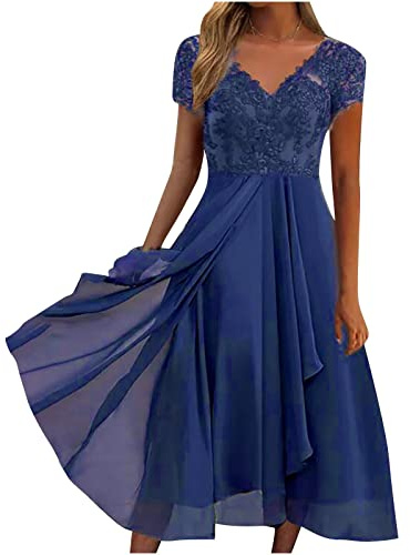 AEGJEGVD Women Lace Chiffon Dresses - Short Sleeve V Neck Midi Dresses for Wedding Guest Party Occasions S-3XL