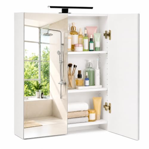 Songvas Spiegelschrank Bad mit Beleuchtung, Badezimmerschrank 60 cm Breit, Wandschrank, mit Höhenverstellbaren Einlegeböden, für Badezimmer und WC, MDF, 60 x 16,5 x 70 cm, Weiß