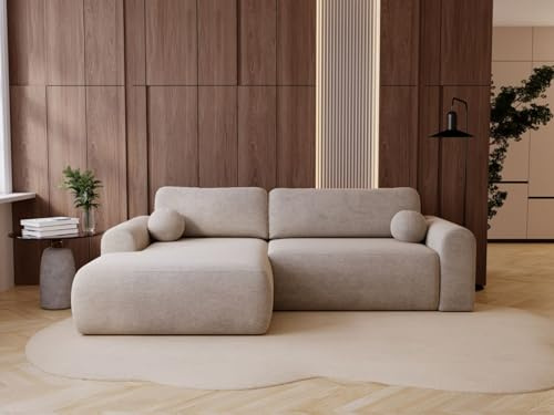 GRAINGOLD Savana L 257x177 cm, L-Form Sofa, Schlafcouch für Wohnzimmer, Velours-Stoff, 3-Sitzer Eckcouch, Ecksofa mit Bettkasten (Beige, Links)
