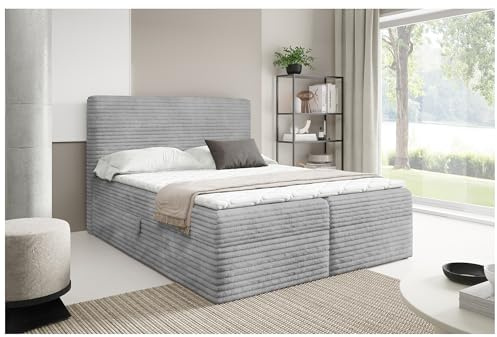 MEBLINI Boxspringbett mit Bettkasten - 160x200 - H3/Hellgrau Cordstoff - Talia - Gepolstert Doppelbett mit Matratze und Topper - Polsterbett mit Stauraum - Bett mit Kopfteil - Stauraumbett