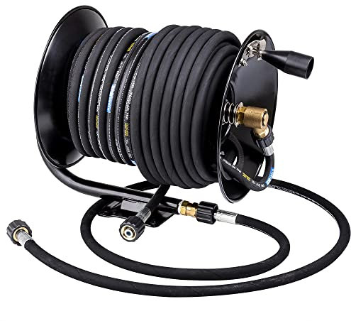 Hochdruck-Schlauchtrommel 210 bar mit 45 m Hochdruckschlauch DN8 250 bar, kompatibel mit Kärcher-Hochdruckreinigern, handbetätigt + 2 m Hochdruckschlauch 400 bar