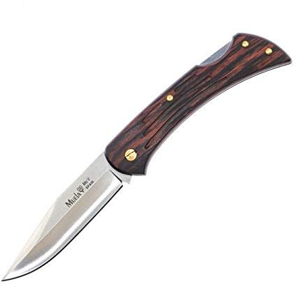 Muela Navaja con Bloqueo K-9R.M con Hoja de Acero MoVa de 9 cm y empuñadura de Fibra de Madera Coral de 10,5 cm para Caza, Pesca, Supervivencia y Bushcraft + Portabotellas de Regalo