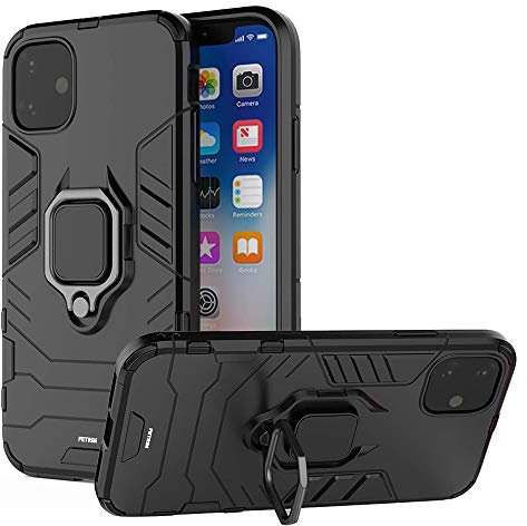 AKABEILA Case for iPhone 11 Pro Max Cover Finger Ring Grip Kickstand Metal Holder Silicone PC Hybrid Anti-Scratch Shockproof 6.5 Inch Black