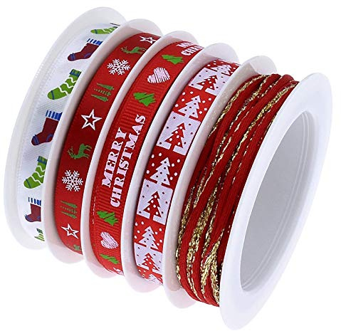 Cinta Navidad Cintas de Grosgrain 5 piezas 25 m Ribbon Tela para Manualidades Lazos Decoración Embalaje Regalo Cajas Flores Arbol Navidad Boda Fiestas Cumpleaños