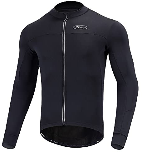 Dooy Men's Cycling Jersey Winter Thermal Long Sleeves Bike Jersey Breathable Softshell Jacket with Full Zipper and Rear Pockets (Dark Black, L1)