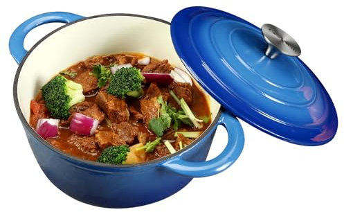 COOKWIN Enameled Cast Iron Dutch Oven with Self Basting Lid Non-stick Enamel Coated Dutch Oven Camping Suitable For Variety Stovetops Dutch Ovens Gifts for Family Blue 3 L