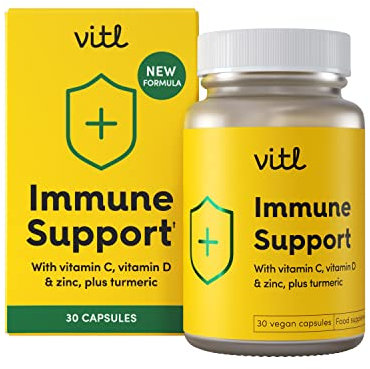 Vitl Immune Support Supplement - 30 Vegan Capsules - with Vitamin D, Vitamin C, Folate, Zinc, Turmeric & Elderberry Extracts - 1 Month Supply