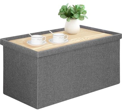 PINPLUS Ottomane de rangement grise avec couvercle et plateau de 76,2 cm, table basse, repose-pieds, tabouret de rangement, coffre à jouets pour salon, chambre à coucher, peut supporter jusqu'à 250 kg