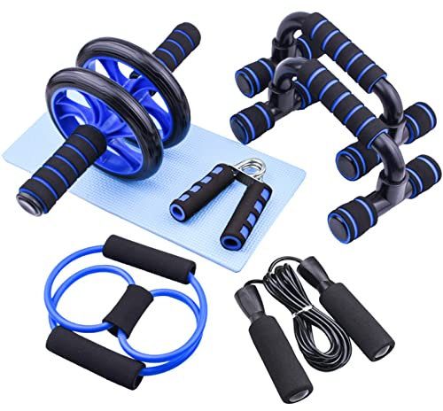 6 in 1 Bauchmuskelrad, Bauchmuskeln, Fitnessgeräte, Set mit verstellbarem Springseil, Klemme, Schiebestange, AB-Rolle, Kniebandage und Spanner (blau)