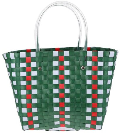 Luxshiny Einkaufskorb Flechtkorb Kunststoff geflochten Einkaufstasche Shopper Korbtasche Tragetasche mit Griffen Shoppertasche Strandkorb für Snack Spielzeug Wäsche Picknick Rot Weiß Grün