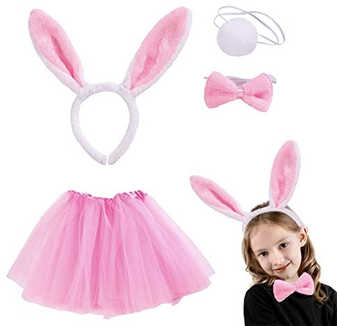 VIKSAUN 4 Pcs Easter Bunny Costume Kids Gifts Rabbit Decoration with Ear Headband Bowtie Tutu Outfit Set Rabbit Ears on Headband Tutu Costume Fancy Dress Cosplay Bunny Rabbit Accessories