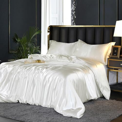 Bettwäsche 135x200cm 4teilig Weiß Beige Creme Satin Glänzend Glatt Luxus Glanzsatin Seiden Bettwäsche Set Einfarbig Microfaser Bettbezug Set Einzelbett mit Reissverschluss und Kissenbezug 80x80 cm