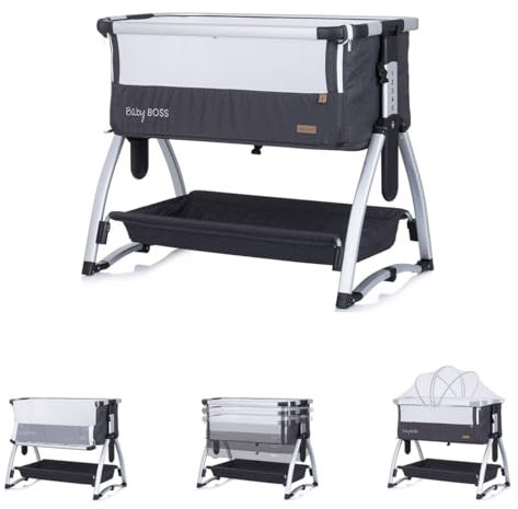 Chipolino Beistellbett Baby Boss Matratze, Moskitonetz, Schaukelfunktion, Räder, Farbe:dunkelgrau