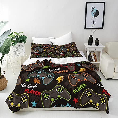 ANHOPE Gamer Duvet Cover Set Soft Lightweight 3 Piece Bedding Set with 2 Pillowcase Video Game Gamepad Controller Print Pattern Kids Boys Girls Teens Gaming Quilt Cover with Zipper Double