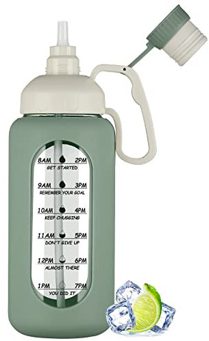 MUKOKO Botellas de agua de vidrio de 64 onzas con pajilla, botella de agua de medio galón con marcador de tiempo, botella de agua motivacional con fundas de silicona, botella de agua de vidrio grande