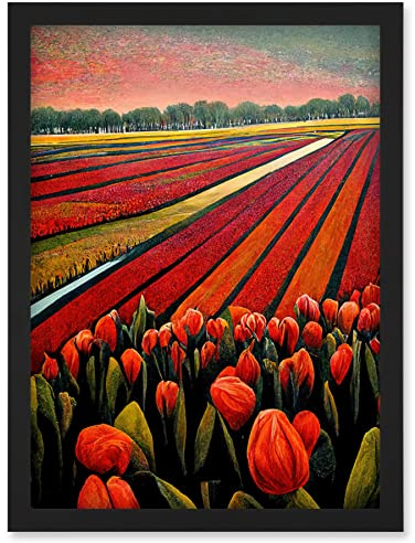 Doppelganger33 LTD Red Tulip Fields Of Holland Netherlands Modern Oil Artwork Framed Wall Art Print A4