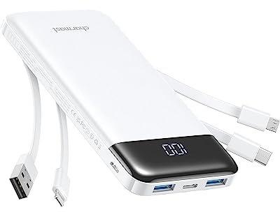 Charmast Power Bank with Built in Cables,10000mAh USB C Battery pack 6 Outputs 3 Inputs with LED Display Type C Powerbank Portable Charger Compatible with Smartphones Tablets and More(White)
