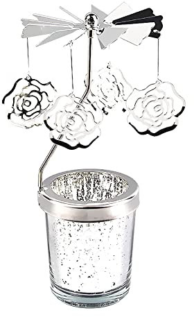 Surakey Windlicht Teelichtkarussel aus Glas Teelichthalter,Silber Karussell Teelichter Kerzenhalter,Motiv Rose Windlichter Teelicht Kerzen Halter Geschenk Dekoration für Hochzeit,Weihnachten