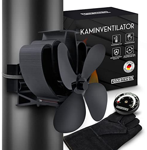 FALKENWERK Ofenventilator ohne Strom - Leiser Kaminventilator für Ofenrohr - Effizienter & Wärmebetriebener Kaminofen - Ofen Ventilator zur Wärmeverteilung + Handschuh & Thermometer