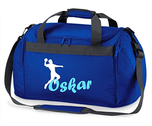 Sporttasche mit Namen Bedruckt für Kinder | Personalisierbar mit Motiv Handball | Reisetasche Duffle Bag für Mädchen und Jungen | Handballspieler Sport (Royalblau)