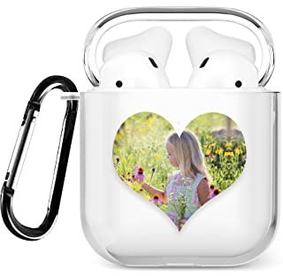 Tirita Personalised Custom Photo Case Compatible with Apple AirPods 1st and 2nd generation, Support Wireless Charging with Carabiner, Front LED Visible [01- Photo in Heart Clear]