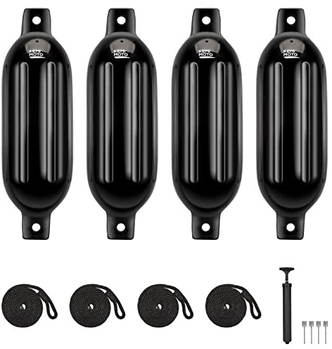 KEMIMOTO Boat Fenders Boat Bumpers for 15-35ft Boat, 4 Pack Inflatable Boat Fenders Bumpers with 4 Ropes, Boat Bumpers for Docking, Black