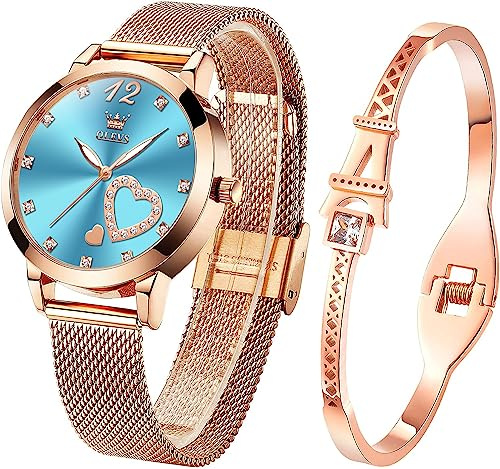 OLEVS Womens Watch Gift Set avec Bracelet Rose Gold Rouge Ladies Minimaliste Minimaliste Slim Robe DéContractéE Analogique Montre à
