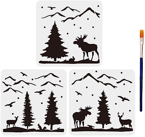 MAYJOYDIY 3 Hirsch Schablonen Wald Berg Baum Hirsch Schablonen 30 × 30 cm Flexible Wildtier Waldtier Vorlagen Mit Pinsel Zum Malen Auf Holz Basteln Heimdekorationen